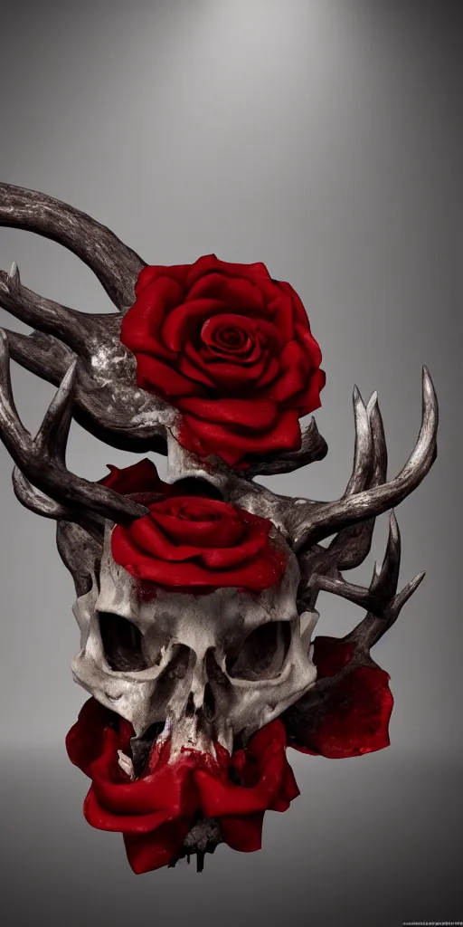 Prompt: blood dipping from a rose and growing out of a deer skull, unreal engine, realistic lighting, 4k, hyper realism, dark fantasy