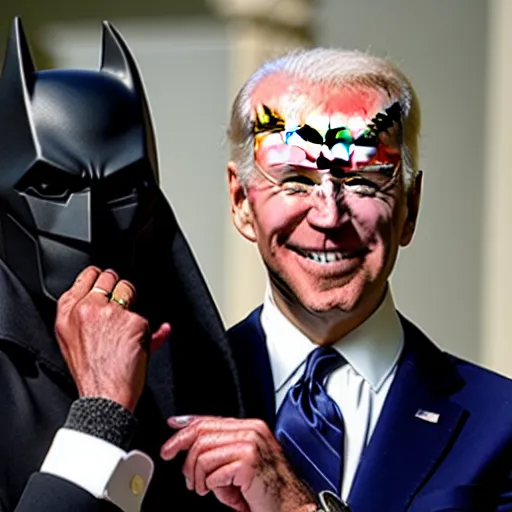 Prompt: joe biden awards batman with the presidential medal of freedom