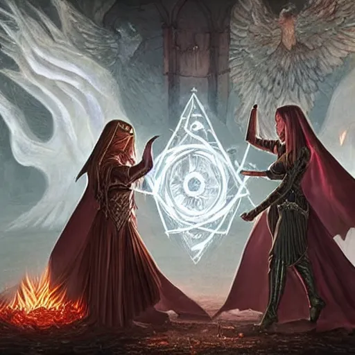 Image similar to female acolytes using demonic summoning circle to summon a demonic knight. incredible detail. by magali villeneuve and by wlop