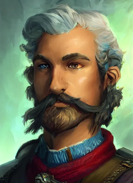 Image similar to young man with short white hair and moustache, dndbeyond, bright, colourful, realistic, dnd character portrait, full body, pathfinder, pinterest, art by ralph horsley, dnd, rpg, lotr game design fanart by concept art, behance hd, artstation, deviantart, hdr render in unreal engine 5