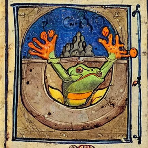 Prompt: A medieval illustration of a frog practicing alchemy, illuminated manuscript,