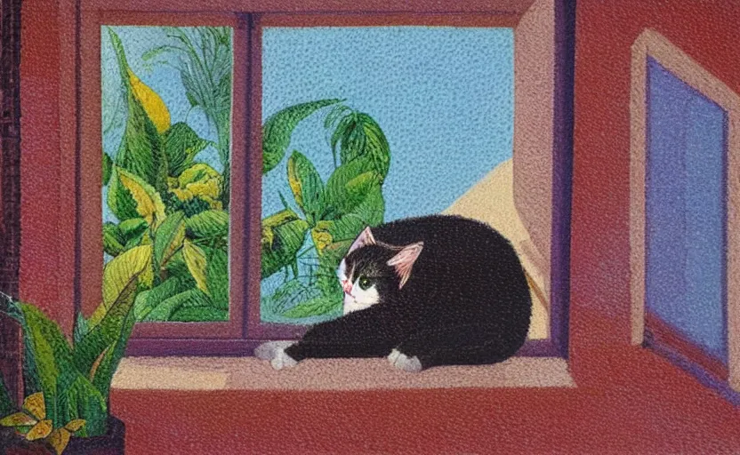 Image similar to sleeping cat on window, inside house in village, plants, gentle colours, light colours, divisionism and pointillism style