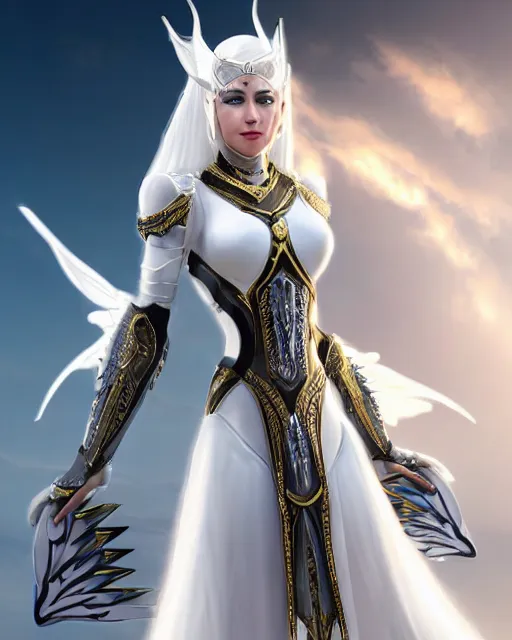 Image similar to perfect white haired egyptian goddess wearing white dove wings, warframe armor, regal, attractive, ornate, sultry, beautiful, dreamy, half asian, pretty face, blue eyes, detailed, scifi platform, 4 k, ultra realistic, epic lighting, android body, illuminated, cinematic, masterpiece, art by akihito tsukushi, voidstar, artgerm