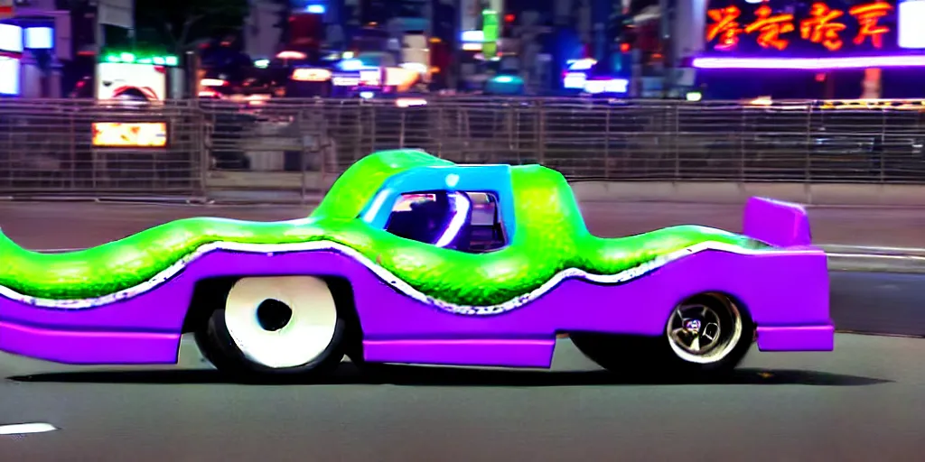 Image similar to anthropomorphic JZX100 twin turbo drift jet engine monster truck drag racer cowboy Cadillac hover-car UFO with cowboy snake facial features speeding in the road, Tokyo prefecture, Japanese architecture, city sunset mist lights, cinematic lighting, photorealistic, detailed alloy wheels, highly detailed purple green snake oil wacky races power ranger bat-mobile transformer car