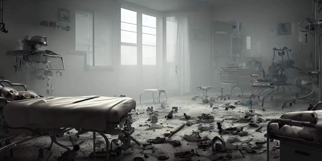 Prompt: a hospital room filled with iron lungs, skulls litter the ground, 1 6 k, photorealistic, cinematic composition, movie concept art, cinematic composition 8 k, intricate detail, high detail, hd, octane render, unreal engine, v - ray, cinematic lighting, octane, volumetric lighting, dark moody lighting, atmosphere, mist, fog, matte painting, extreme long shot