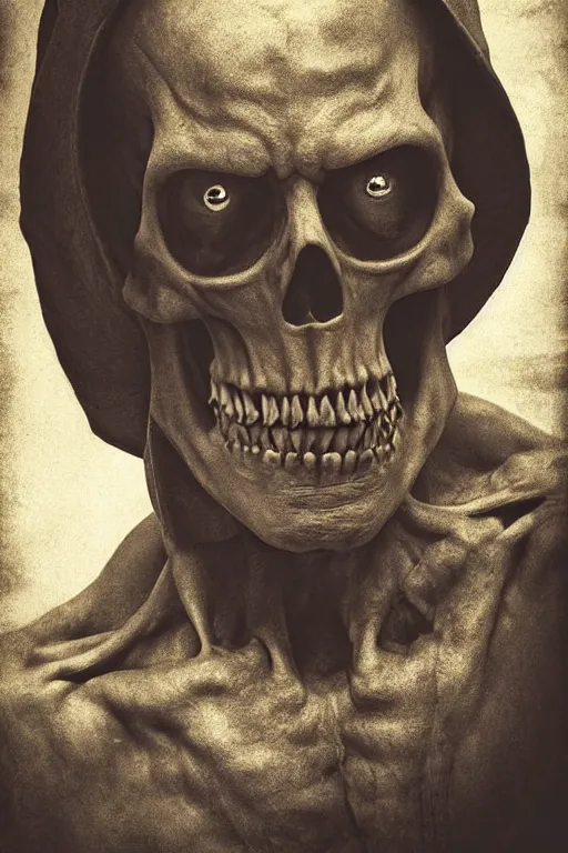 Image similar to skeletor, portrait, full body, symmetrical features, silver iodide, 1 8 8 0 photograph, sepia tone, aged paper, sergio leone, master prime lenses, cinematic