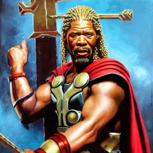Image similar to ultra realistic portrait painting of morgan freeman as thor, art by frank frazetta, 4 k, ultra realistic, highly detailed, epic lighting