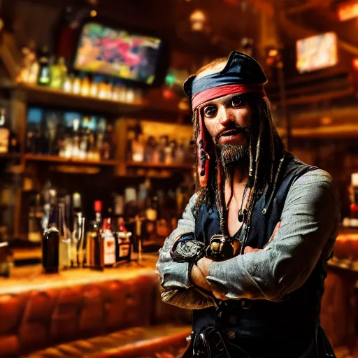 Image similar to a high quality portrait of a pirate bartender in a cyberpunk cyberpunk cyberpunk cafe, realism, 8k, award winning photo