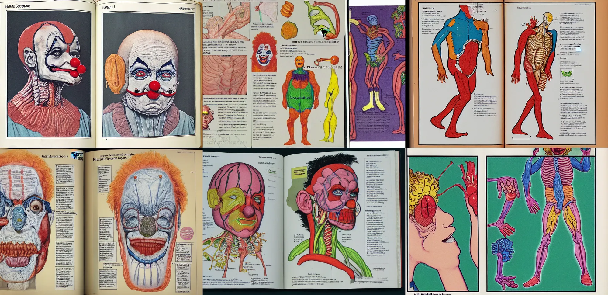 Prompt: 1988 high school biology textbook pages depicting detailed clown anatomy