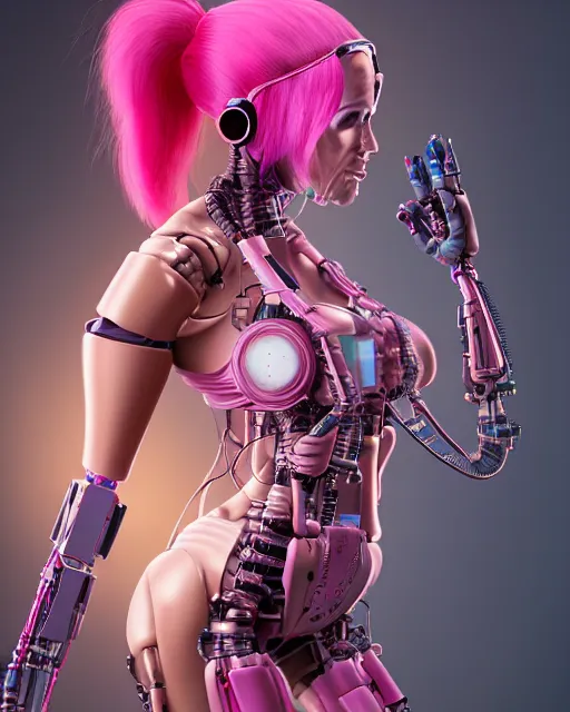 Prompt: portrait of a beautiful tanned woman with pink hair as a cyberpunk cyborg half robot, revealing wires and electronics, hooked - up, sci - fi, missing panels, intricate abstract upper body intricate artwork, concept art, octane render, deviantart, cinematic, key art, hyperrealism, iridescent accents, portrait photograph, nikon 3 5 mm, photograph by greg rutkowski