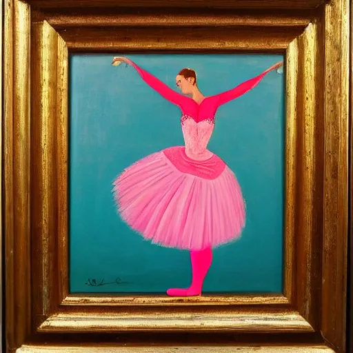 Image similar to painting of a ballerina drinking wine in a teal room, red background