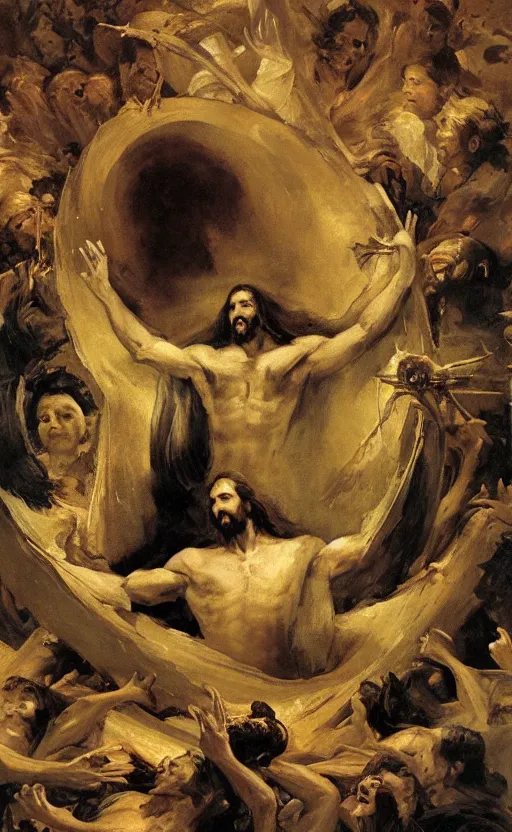 Image similar to evil jesus holding cornucopia!!!!!!!!! 1 sitting on a huge!!!! throne of entwined bodies, elegant, ominous, highly detailed painting by goya!!! phil hale!! gaston bussiere, craig mullins, j. c. leyendecker, 8 k, mid shot