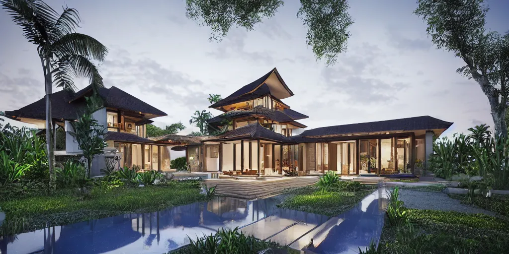 Image similar to 3d rendering of beautiful nature meets architecture concept of a residential house. balinese architecture, volumetric lighting, luxury, high detail, 14mm, cinematic photography, cg architects, high resolution