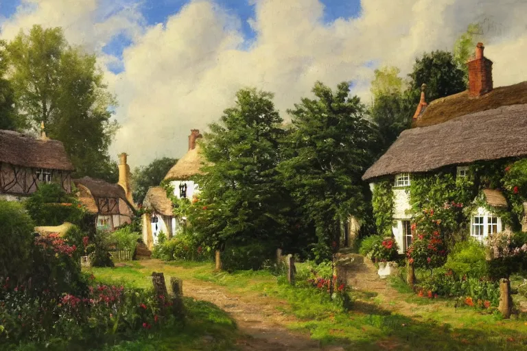 Prompt: A quaint cottage in an English village, merry england, oil on canvas, 4k, detailed