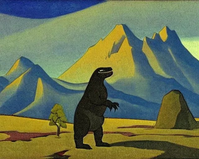 Prompt: ancient godzilla standing in front of altai forest, painting by roerich