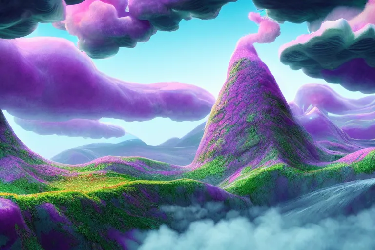 Image similar to a psychedelic realm with rolling plains made out of clouds, mountains made out of icebergs, and plant life made out of cotton candy, in the style of wlop and namek, illustration, epic, fantasy, hyper detailed, smooth, unreal engine, sharp focus, ray tracing