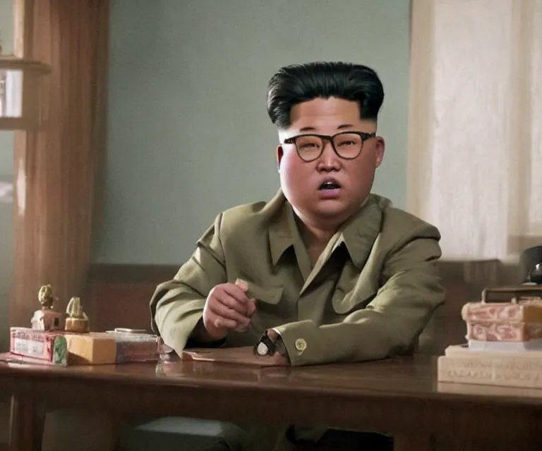 Image similar to hyperralism pineapple express movie still photography of detailed north korean kim chen with detailed face smoking weed in basement bedroom