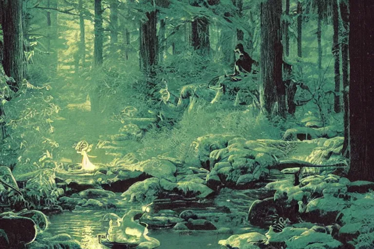 Image similar to a scenic view of a shining ghost flowing in the middle of a magical forest at night, detailed, cinematic, dramatic scene, retro illustration by Norman Rockwell.