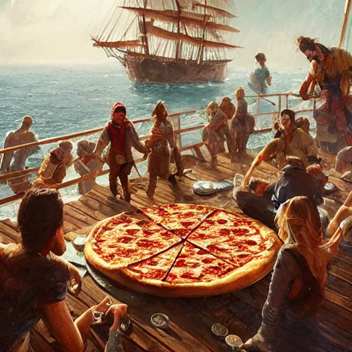 Image similar to a group of adventurers eating a giant pizza on a sailing ship, greg rutkowski