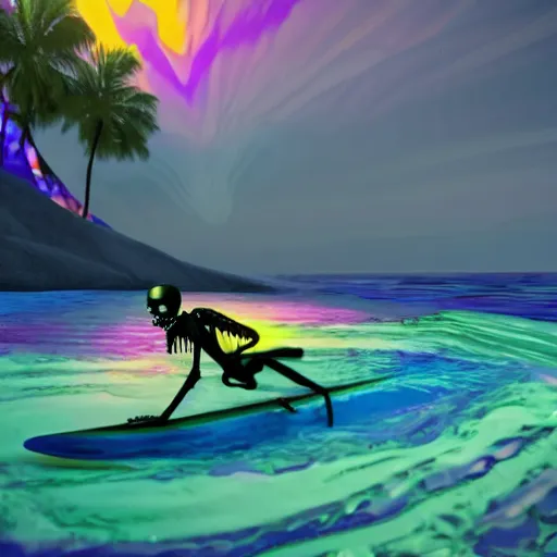 Image similar to skeleton on a surfboard over a psychedelic wave unreal engine