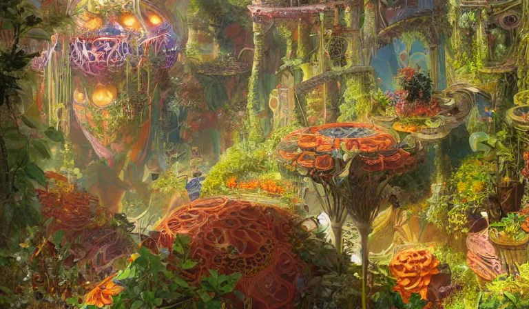 Prompt: dreamlike solarpunk garden fantasycore, glossy painting, Art Nouveau Cosmic 4k Detailed Matte Illustration featured on Getty Images ,CGSociety, Jade and Carrot orange color scheme, Pastiche by Marc Simonetti, Pastiche by Cedric Peyravernay