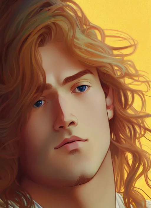 Image similar to pretty young man with shoulder length shiny sparkly golden blond hair, path traced, highly detailed, high quality, digital painting, by studio ghibli and alphonse mucha, leesha hannigan, disney