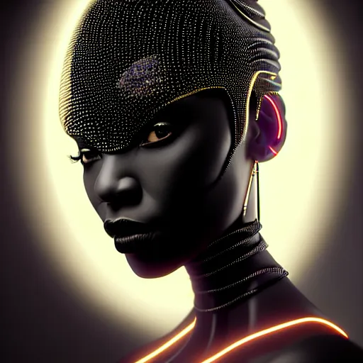 Image similar to portrait of an absurdly beautiful, graceful, sophisticated, fashionable black cyberpunk mechanoid gravure idol, hyperdetailed illustration by irakli nadar, maria borges, matt wisniewski style, intricate linework, dark black skin, neon jellyfish headdress, ivory carved ruff, unreal engine 5 highly rendered, global illumination, radiant light, detailed and intricate environment