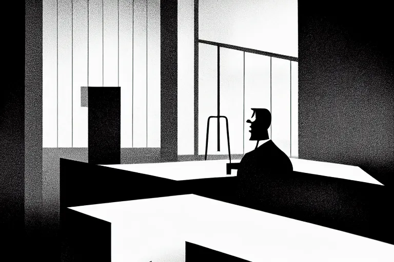 Prompt: editorial illustration by Karolis Strautniekas and Mads Berg, courtroom the bench, fine texture,detailed, matte colors,film noir, dramatic lighting, dynamic composition,moody