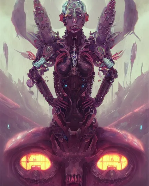 Image similar to portrait of a nightmarish cybernetic Queen of hell, cyberpunk concept art by Peter Mohrbacher and seb mckinnon and Beksiński and FrancisBacon, digital art, highly detailed, intricate, sci-fi, sharp focus, Trending on Artstation HQ, deviantart, unreal engine 5, 4K UHD image