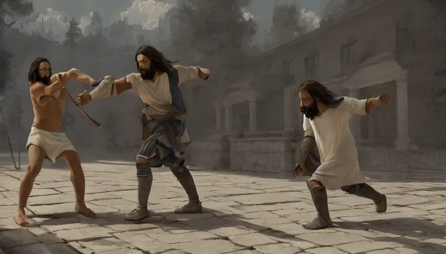 Prompt: a painting of jesus fighting a blind man, hyperrealistic, 8k, unreal engine, artstation, cgsociety