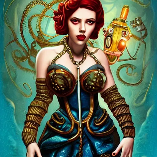 Image similar to lofi underwater bioshock steampunk lovecraft lovecraftian portrait of scarlett johansson, octopus, Pixar style, by Tristan Eaton Stanley Artgerm and Tom Bagshaw.