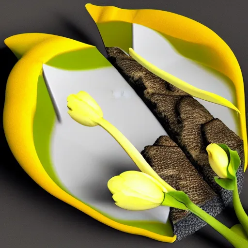 Image similar to yellow beautiful tulip growing from a pizza, 8 k, 3 d render