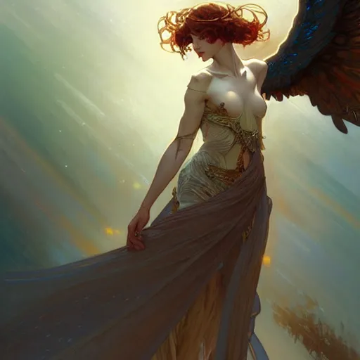 Image similar to Winged girl angel, fantasy, intricate, elegant, highly detailed, digital painting, artstation, concept art, smooth, sharp focus, illustration, art by Krenz Cushart and Artem Demura and alphonse mucha