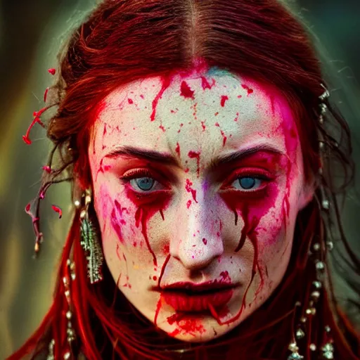 Prompt: 3 5 mm coloured film portrait of sophie turner as aghori sadhu covered in ash creature, hyperrealism, celestial red flowers vibe, photorealistic, detailed, atmospheric, 8 k, award winning photography, cinematic