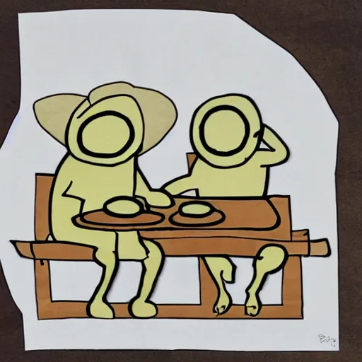 Prompt: Finn and Jake having dinner, layered paper style