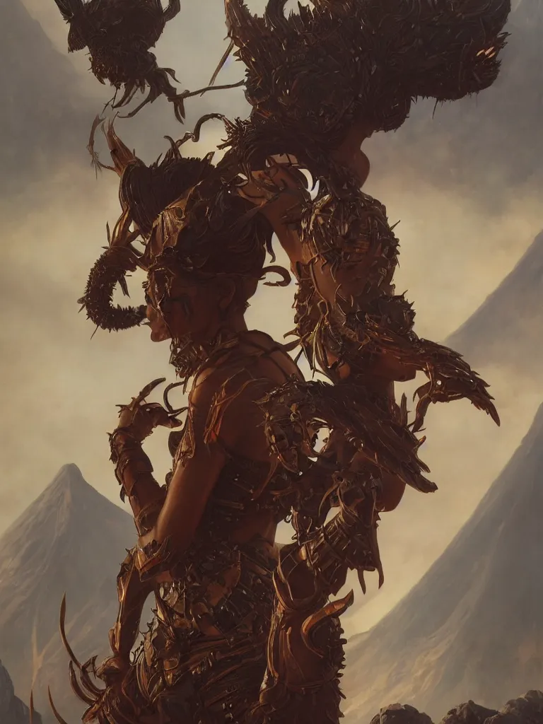 Image similar to An epic fantasy portrait painting of a warrior woman spider legs and spikes in her head standing in front of a volcano eruption, illustration, detailed, award-winning, trending on artstation, by artgerm and Greg Rutkowski and Alphonse Mucha