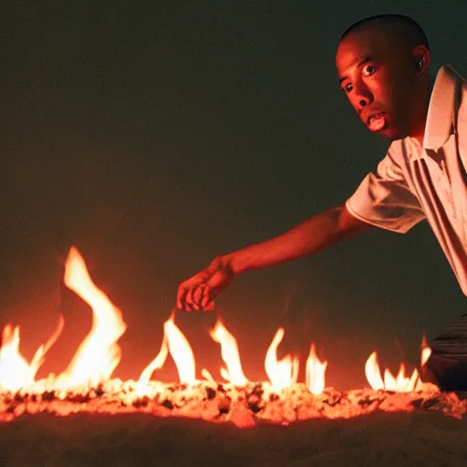 Image similar to cinematic film still of rapper Tyler The Creator starring as a Japanese Sensei with fire, Japanese CGI, VFX, 2003, 40mm lens, shallow depth of field, film photography