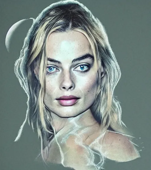 Image similar to tattoo design sketch double exposure of margot robbie with beautiful mountain scenery mash up, in the style of arlo dicristina, surrealist, amazing detail, sharp