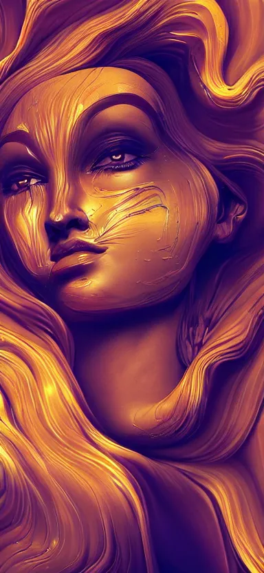 Image similar to epicillustration, abstract sculpture of beautiful female face and black swirling liquifying acrylic portrait, fluffy clouds, glowing edges, golden hour, beautiful light, 3 d sculpture of carving marble, dark colors, dark mood, one point light, golden spirals, epic matte painting, concept art, digital painting