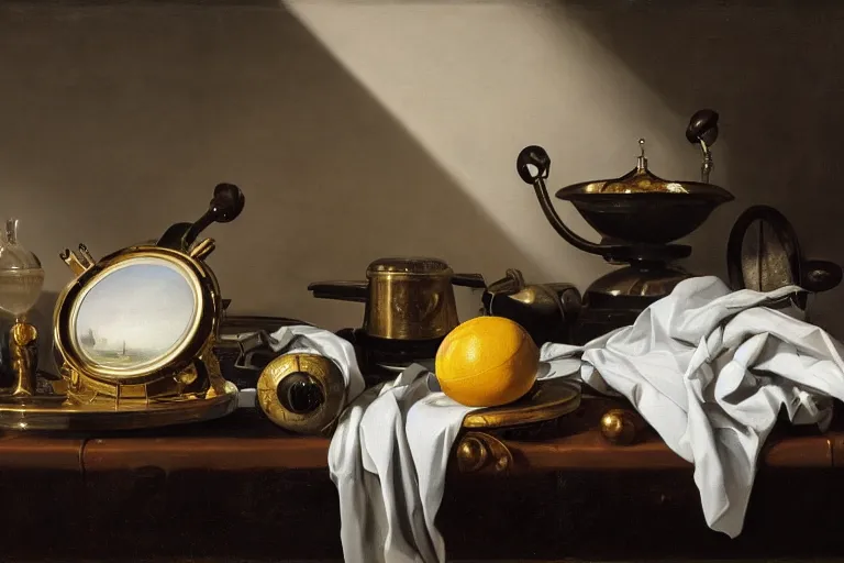 Image similar to still life painting of alien technology, by pieter claesz, oil on canvas, strong lighting, highly detailed, hyper realism, golden hour, god rays, hd, 4 k