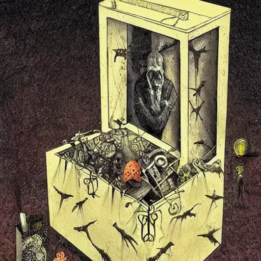 Image similar to box of ghosts| by Santiago Caruso and M.C. Escher and Joseph Cornell| very detailed| colorful beautiful eerie surreal psychedelic