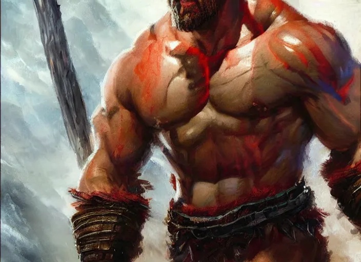 Image similar to a highly detailed beautiful portrait of dwayne johnson kratos hybrid god of war, by gregory manchess, james gurney, james jean, octane, fantasy