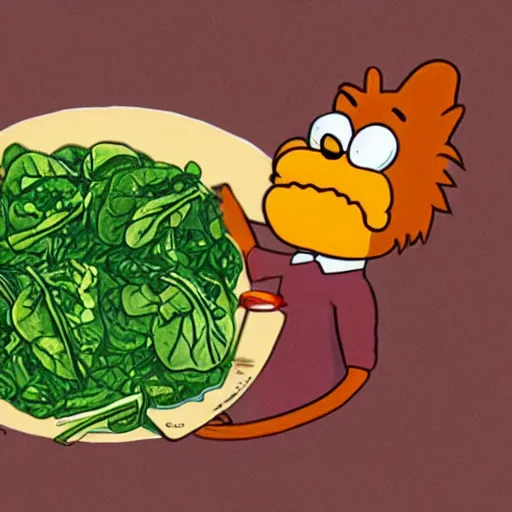 Prompt: Garfield eating spinach