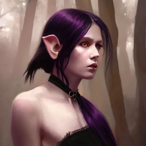 Image similar to portrait painting of female forest elf black hair, purple eyes, black dress, dramatic light, 8 k, by greg rutkowski