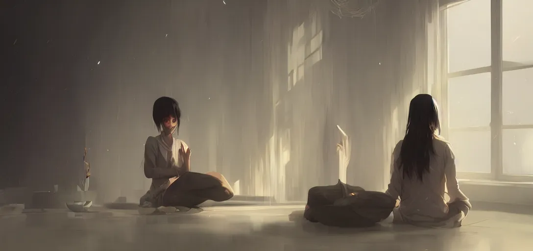 Prompt: Young Himalayan woman sitting concerned in an empty room with loneliness using psychic powers to make a lighter float| night time scene, plain walls |somber white eyes, long ashy hair | gentle lighting, futuristic, dim lighting, digital art by Makoto Shinkai ilya kuvshinov and Wojtek Fus, digital art, concept art,