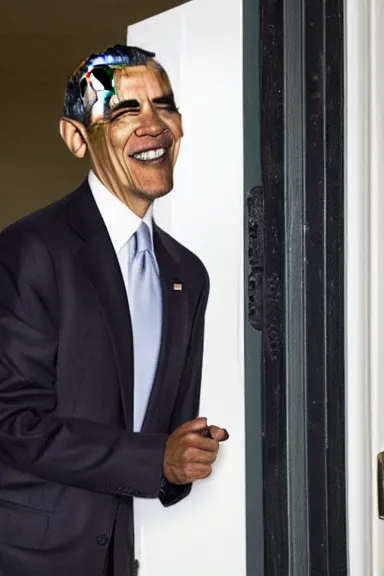 Image similar to a close up photo of obama aggressively opening a door