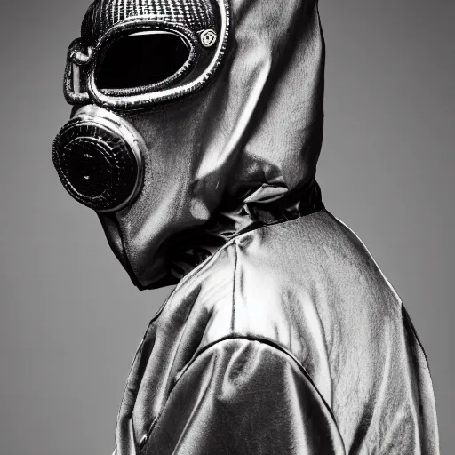 Image similar to wet plate photo, black man, silver metallic moncler jacket, dystopian metal mask,