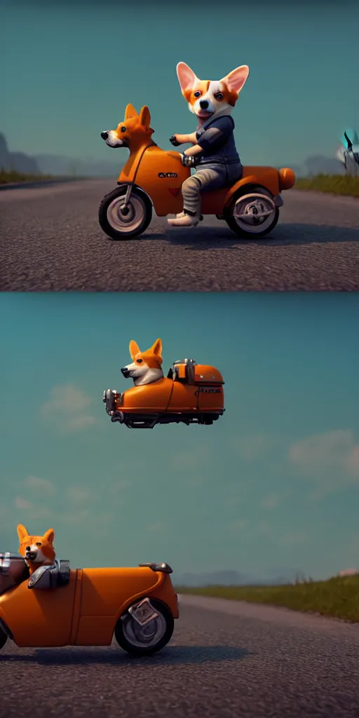 Image similar to A single cute corgi on a motorcycle, by Simon Stalenhag, unreal engine, octane render, 8k, rule of thirds