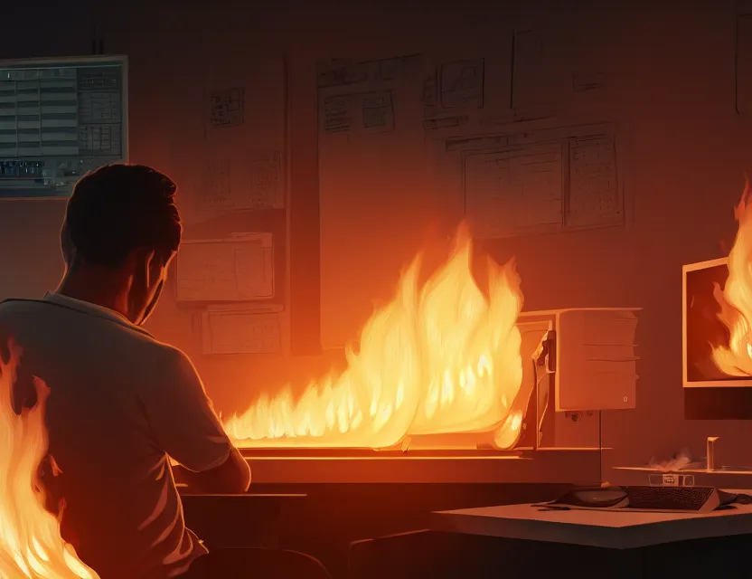 Image similar to a man works at a workstation in a very big office with burning fires, close up, featured in artstation, intricate, ultra detailed, unreal engine, concept art, wide - angle lens, sharp focus, illustration, 8 k