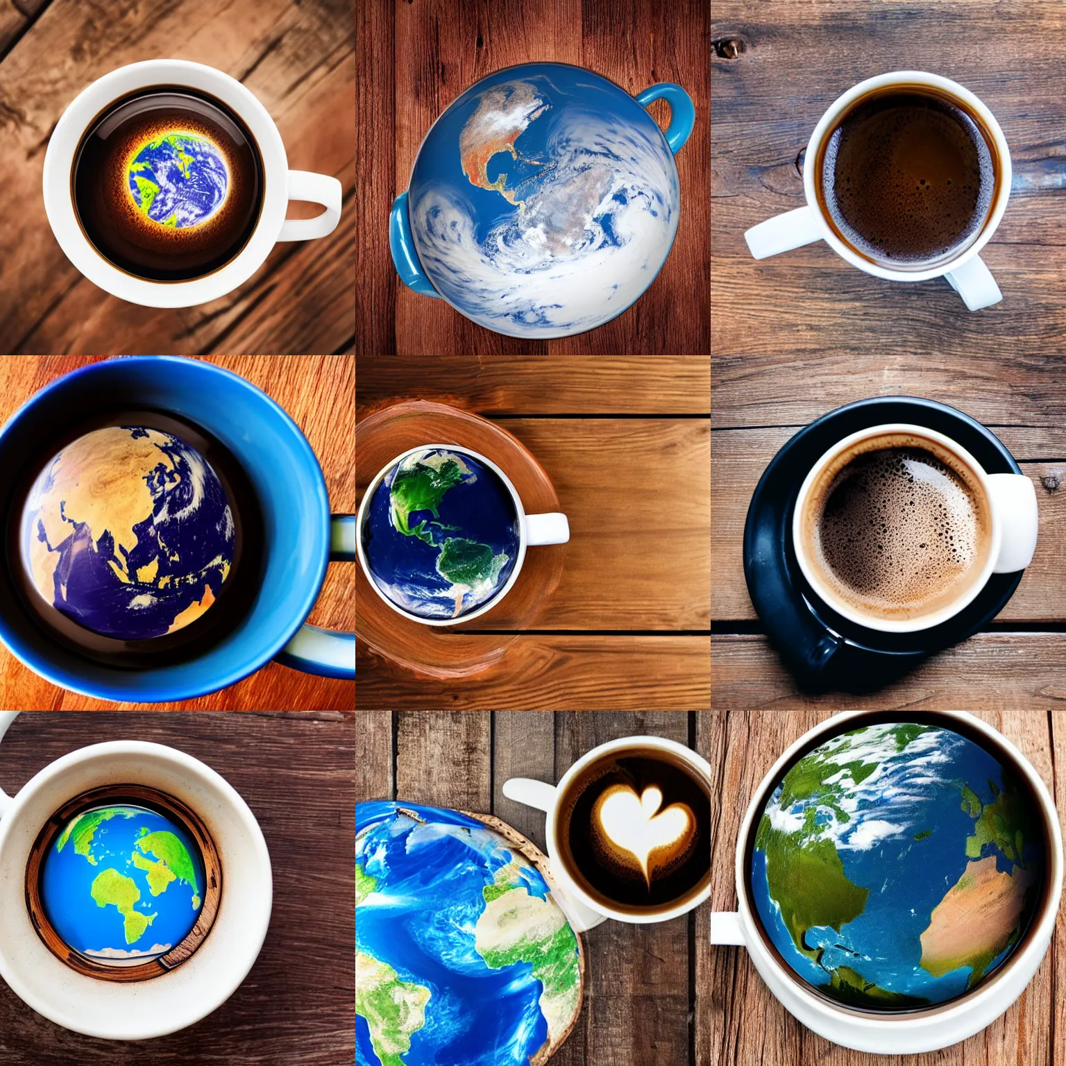 Prompt: the planet earth inside a coffee mug on a wooden table